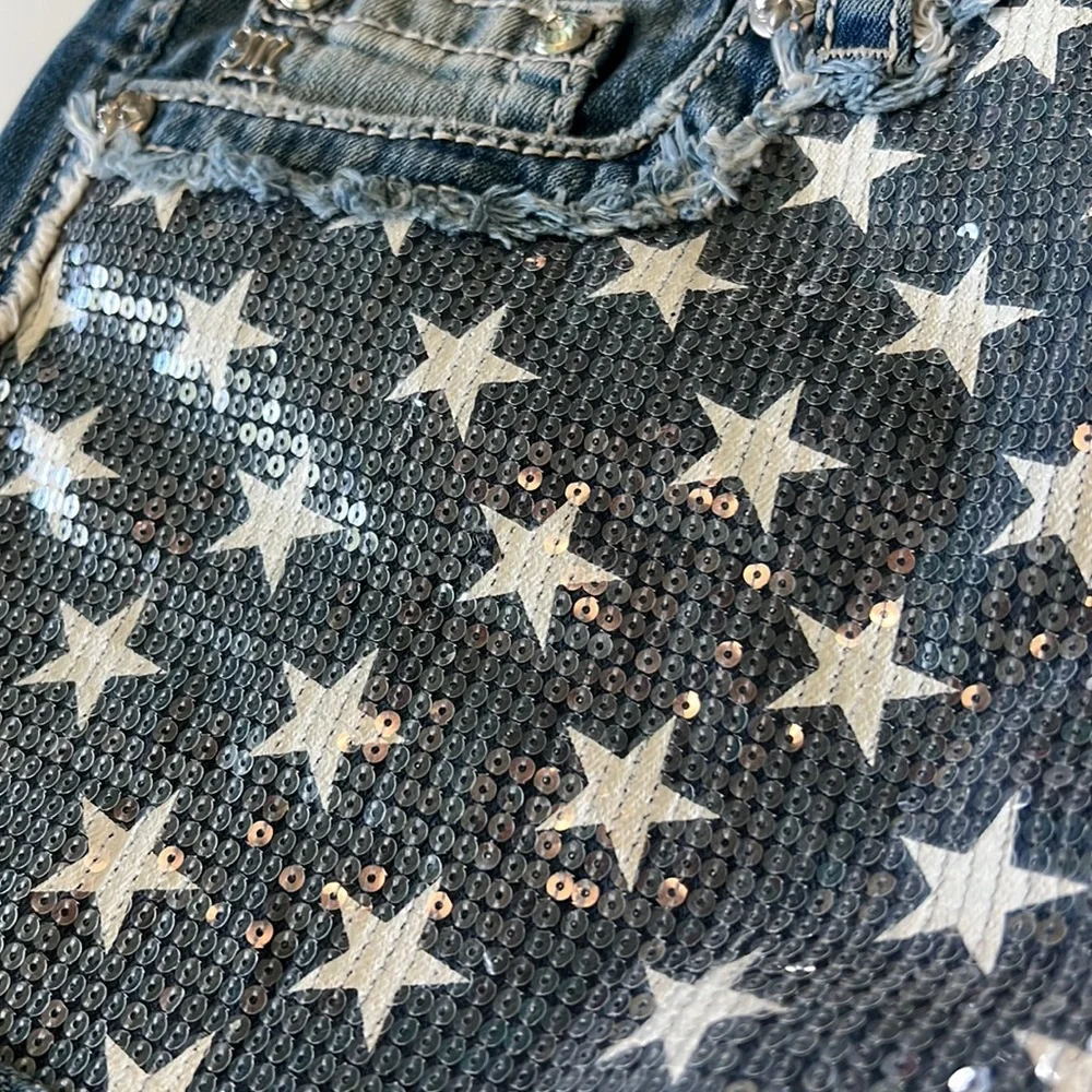 EUC Sequined Miss Me Jean Fringed Shorts - Picture 2 of 6